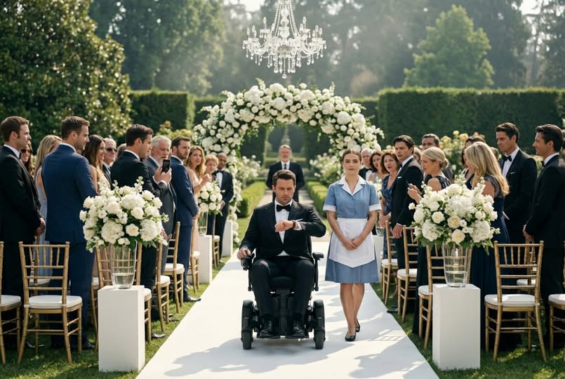 Ein querschnittsgelähmter Millionär wartete vor 400 Gästen der High Society am Altar … doch seine Braut erschien nicht. Stattdessen tauchte ein grausamer Brief auf, in dem sie gestand, mit einem anderen Mann durchgebrannt zu sein, weil sie mit seiner Behinderung nicht „leben“ könne. Während die Menge zusah, tuschelte und ihre Handys zückte, überquerte die Hausdame des Hotels den Garten und stellte ihm eine einzige Frage – eine Frage, die beider Leben verändern sollte.