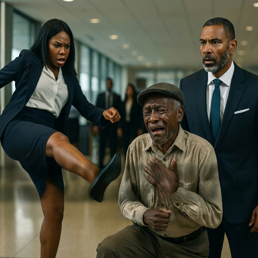 Sie trat einen weinenden alten Mann – dann kam der Milliardär herein, und was dann geschah, schockierte alle.