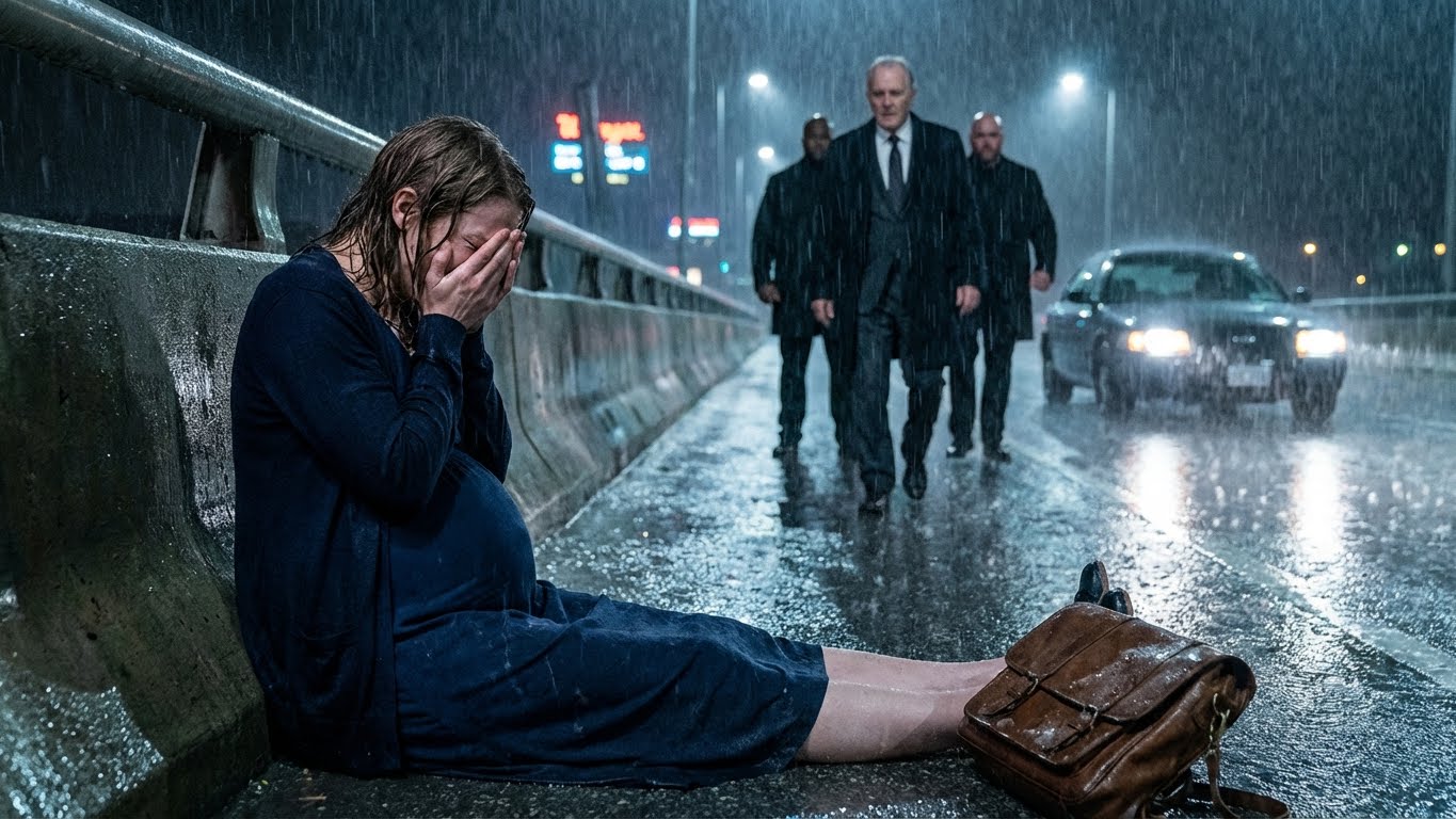 A cinematic, low-angle tracking shot at night during a heavy downpour on a wet highway bridge. Foreground: A heavily pregnant woman in her 30s sits on the reflective, wet asphalt, leaning against a gray concrete barrier. She wears a soaked dark navy blue maternity dress and a thin cardigan. Her hair is matted and dripping with rain. She is sobbing uncontrollably, eyes squinted in pain and despair, clutching her belly with both hands in a protective gesture. Next to her lies a weathered brown leather satchel bag. Background: An elderly, stern-faced man in his 60s with grey hair, wearing a high-end charcoal suit, white shirt, and silk tie, walks steadily and coldly toward her. He is flanked by two large, muscular bodyguards in black suits walking a pace behind. In the far background, a dark luxury sedan is parked with its headlights glowing through the rain, casting a rim light on the characters. Atmosphere: Moody, dramatic, and high-contrast. The rain is thick and realistic. No character looks at the camera. The acting is grounded and raw, not exaggerated. 4k resolution, highly detailed textures, cinematic lighting.