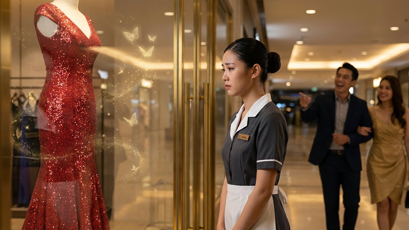 Sieben Jahre nach ihrer Scheidung erkannte Damien sie kaum wieder: Apolline wischte den Boden des Einkaufszentrums, den Blick auf ein Kleid gerichtet, das hinter einer Schaufensterscheibe ausgestellt war – ein seltenes Stück, unbezahlbar teuer… Ein grausames Lächeln zog sich über Damiens Lippen