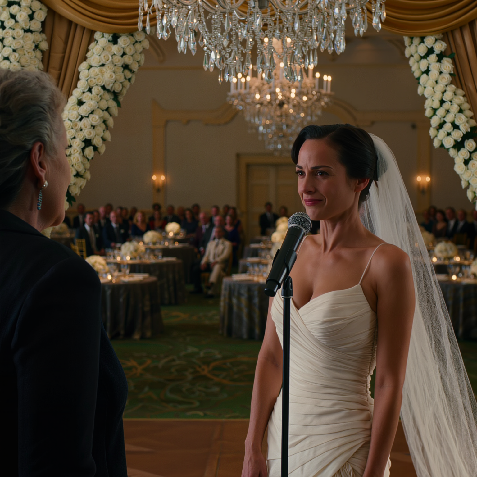 At my son’s wedding, I paid the full $300,000 so everything could sparkle beneath chandeliers and white flowers. And yet the new bride grabbed the microphone, turned to her wealthy family, and pointed straight at me. She introduced me with a line so heavy the music practically died. Laughter erupted until her father looked at me and went pale.