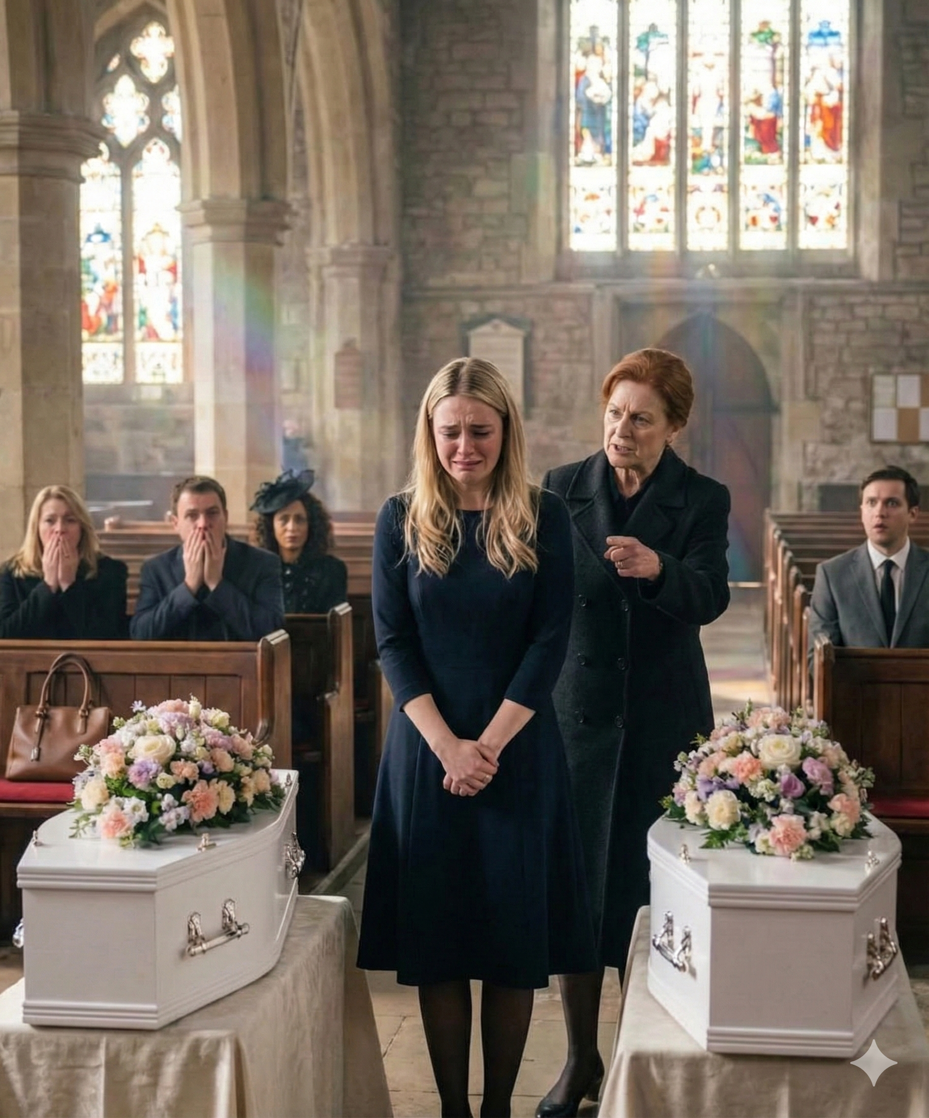 Bei der Beerdigung meiner Zwillinge, als zwei winzige Särge vor mir standen, beugte sich meine Schwiegermutter vor und flüsterte Worte, die so grausam waren, dass sie die wenige Kraft, die mir noch geblieben war, zerstörten. Ich brach zusammen und flehte: “Bitte … nur für heute.» Was als nächstes geschah, brachte die gesamte Kirche zum Schweigen — und veränderte mein Leben für immer.