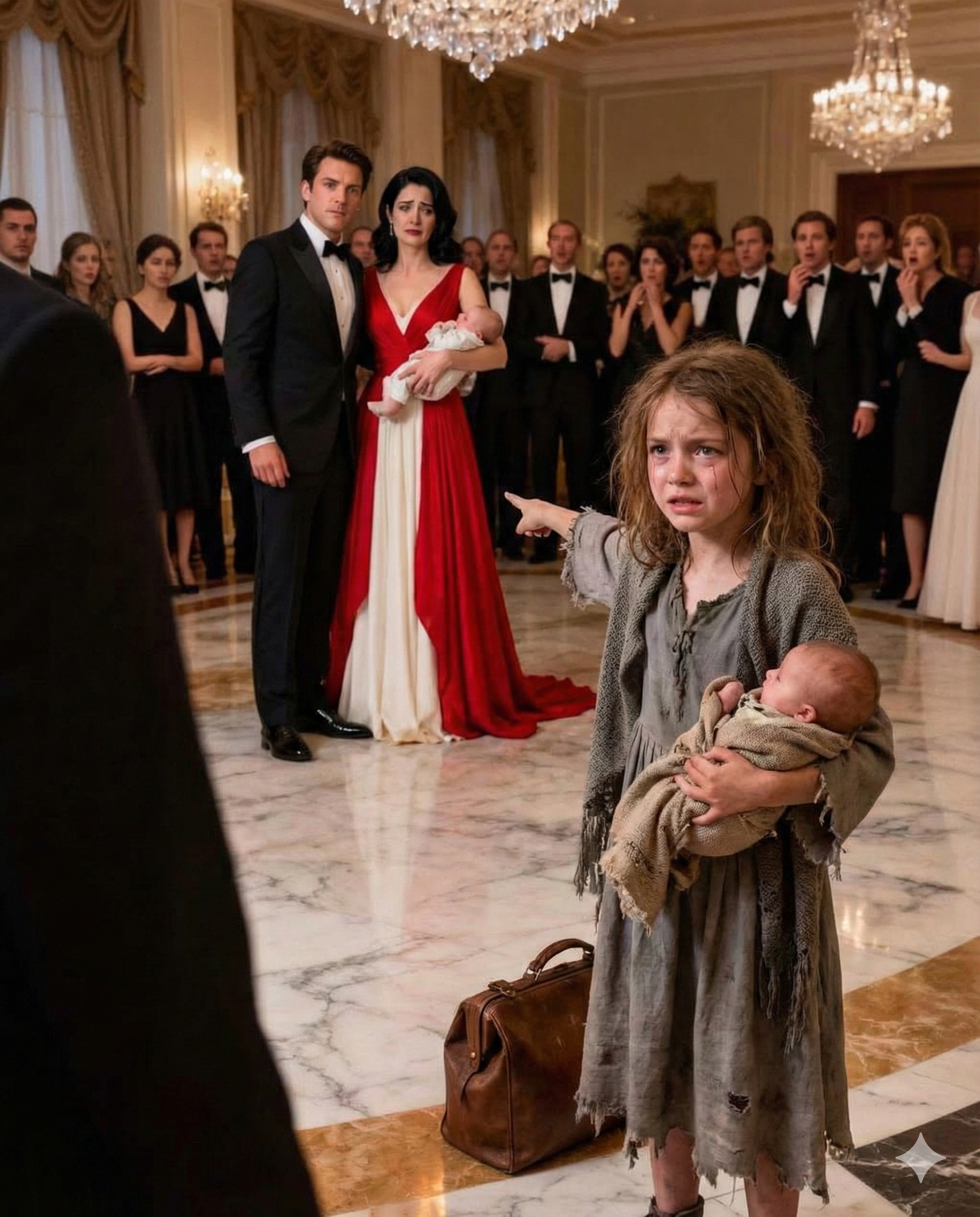 Ein Milliardär feierte seine Verlobung — bis ein obdachloses Mädchen mit einem Baby im Arm die Party sprengte, auf die Braut zeigte und den ganzen Raum erstarren ließ …