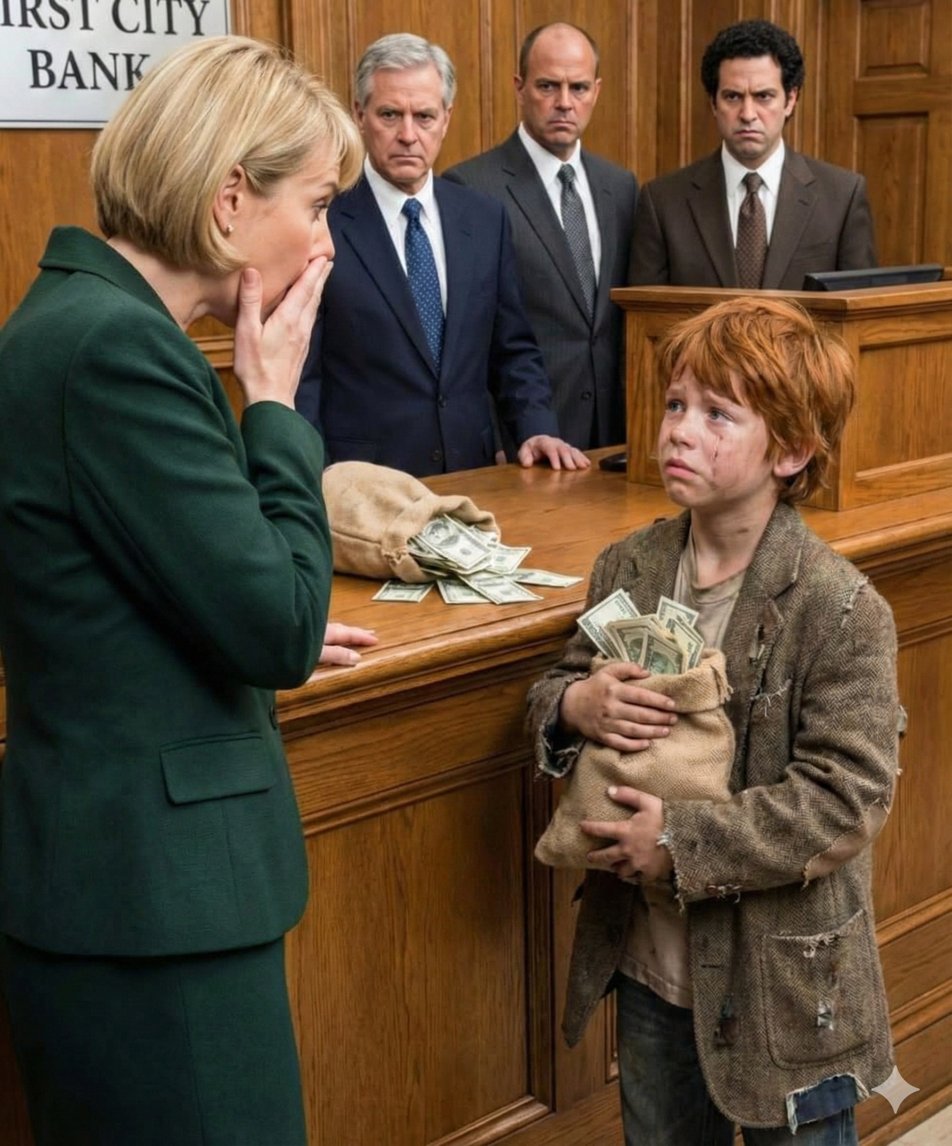 Sie lachten, als der arme Junge mit einer abgenutzten Tasche in die Bank ging.