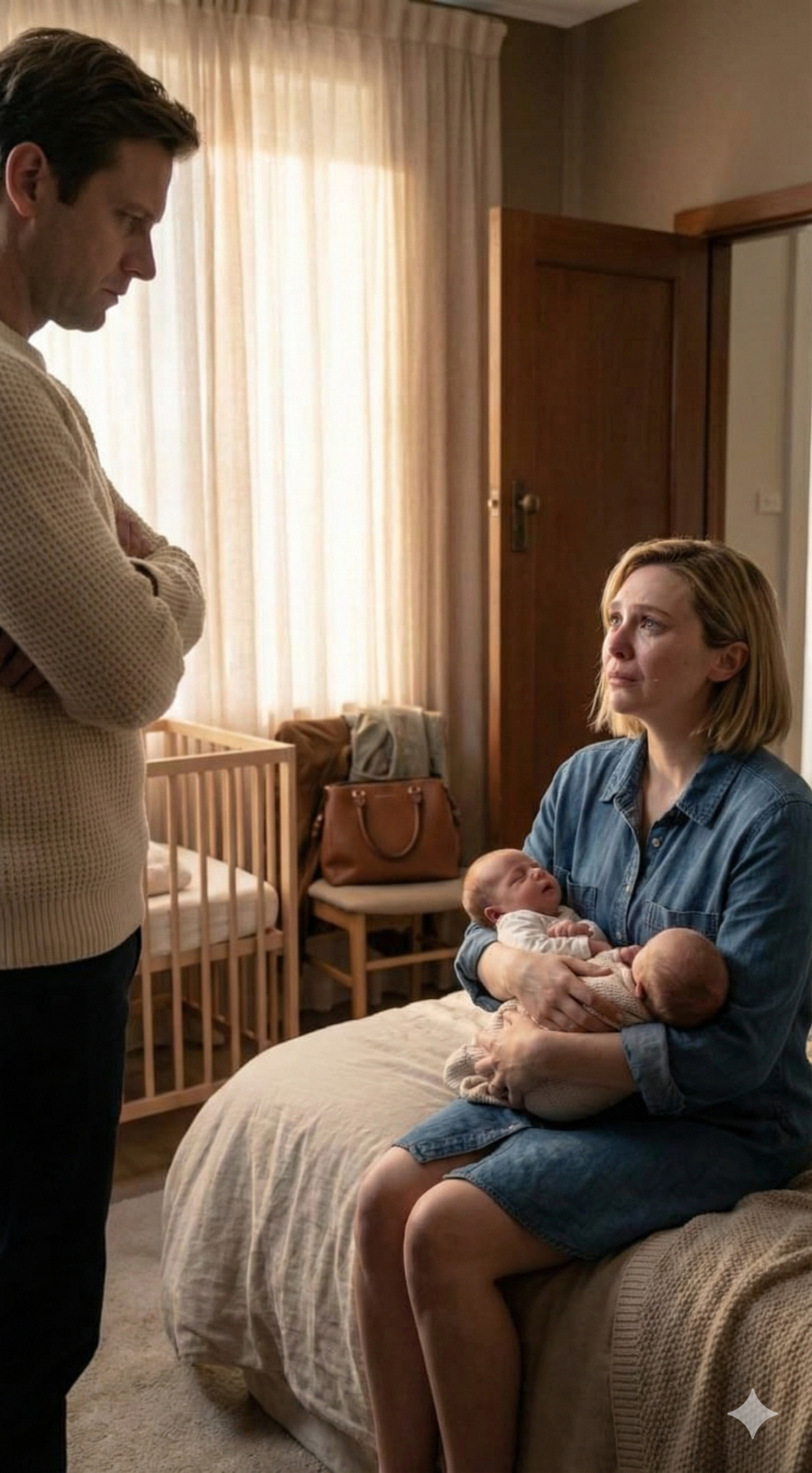 Ich stillte gerade meine neugeborenen Zwillinge, als mein Mann ruhig verkündete, dass ich in einem Abstellraum schlafen würde. Minuten später klingelte es an der Tür — und alles, was er zu kontrollieren glaubte, brach zusammen …