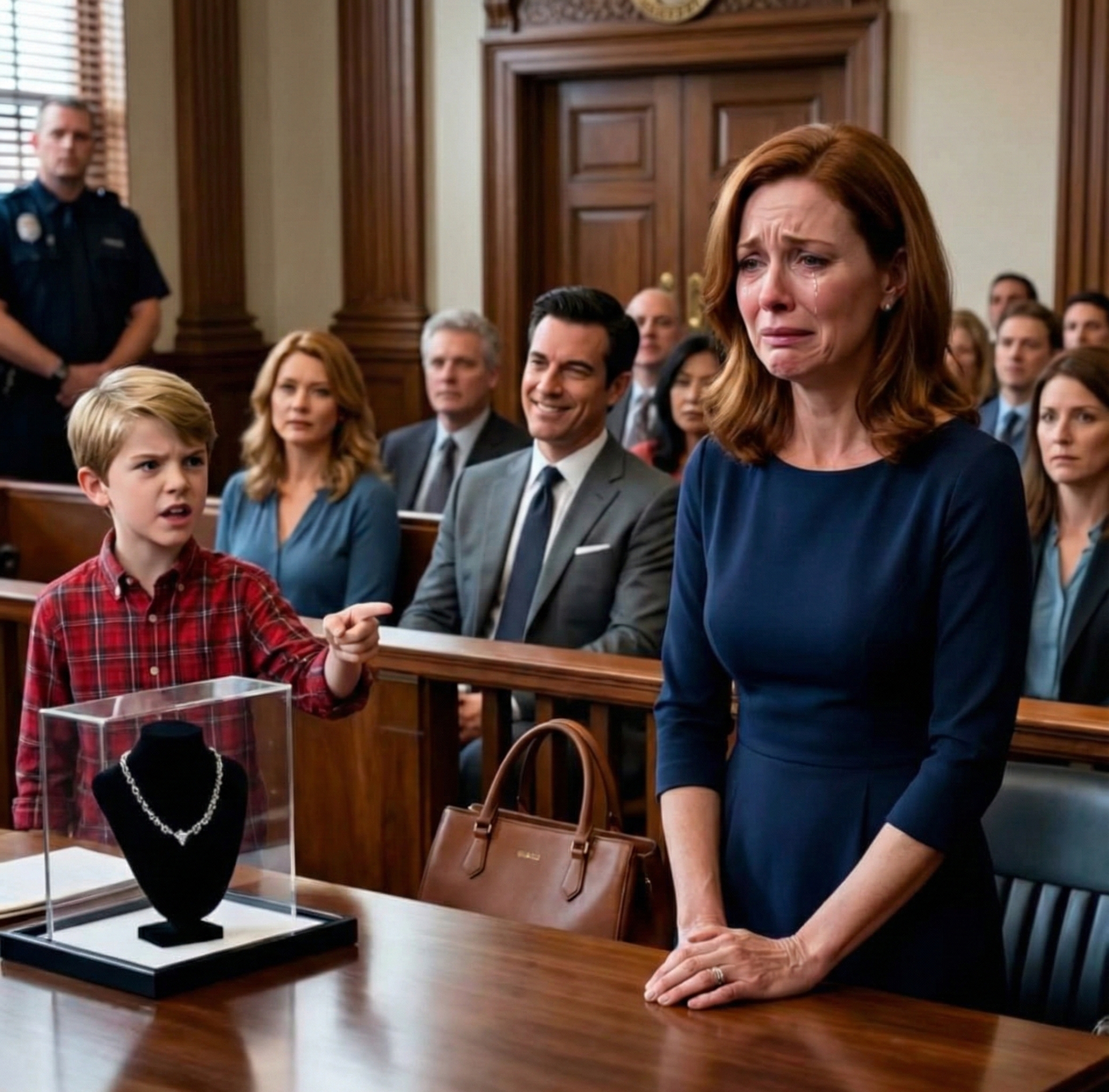 Ich betrat den Gerichtssaal allein – ohne Anwalt, ohne Schutzschild –, während Vivian Davenports Stimme durch den Raum hallte: „Sie hat es gestohlen. Sperrt sie ein.“ Meine Hände hörten nicht auf zu zittern. „Ich habe Ihren Sohn großgezogen“, flüsterte ich, aber der Anwalt der Milliardärin grinste nur spöttisch. Dann schabte ein kleiner Stuhl über den Boden. Oliver stand auf. „Das ist eine Lüge“, sagte er, die Augen brennend. „Ich habe gesehen, wer die Halskette genommen hat.“ Der Raum erstarrte. Und mir wurde klar: Bei diesem Prozess ging es nicht um Gerechtigkeit … er würde zu einem Sturz werden …