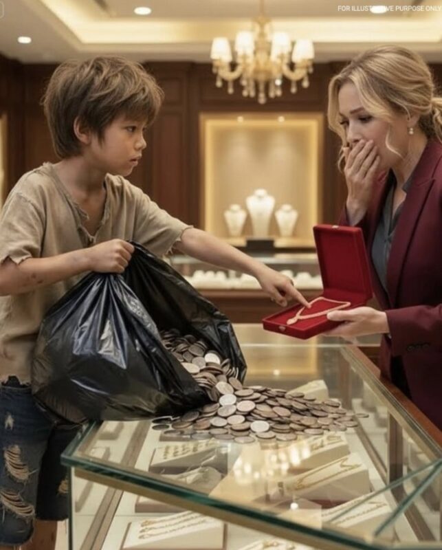 Ein schäbiger Junge betrat ein Luxusschmuckgeschäft und verschüttete unzählige Münzen auf die glänzende Theke. Ein Wachmann wollte ihn ausweisen – bis der Manager erstarrte und die Worte des Jungen hörte, die jeden wohlhabenden Kunden zum Schweigen brachten.