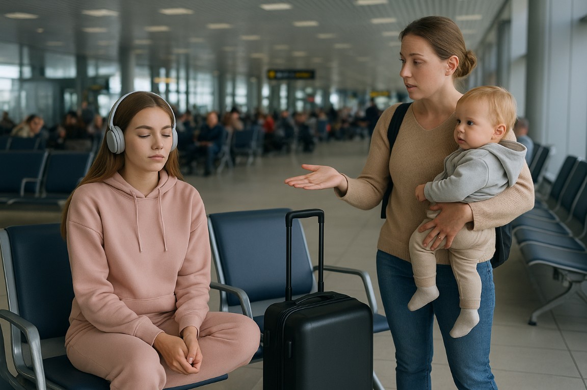 An einem überfüllten Flughafen belegte eine junge Frau zwei Sitzplätze, und als eine Mutter mit ihrem Kind sie bat, einen davon freizumachen, überraschte ihre Reaktion alle.