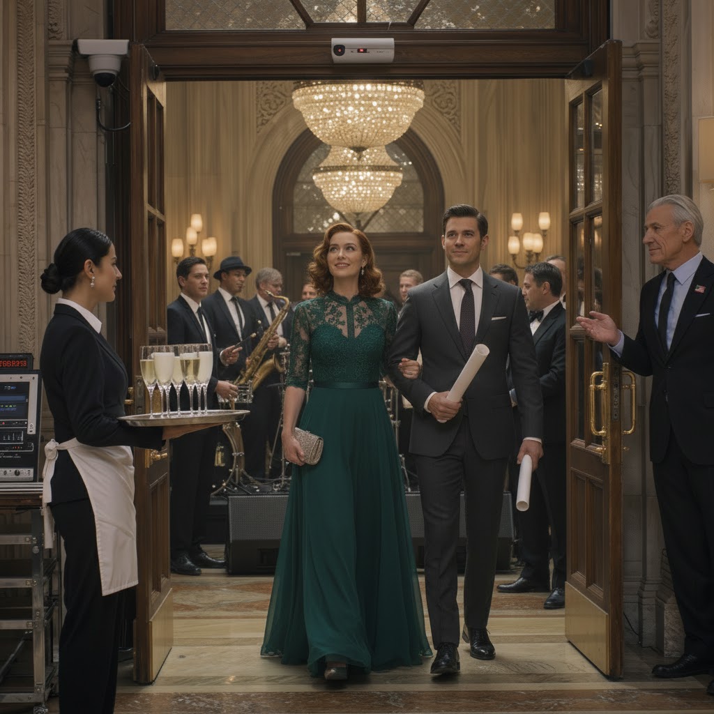 t my sister Madison’s engagement party in a downtown Grand Meridian ballroom, a guard sized up my faded jeans and sneered, “Service entrance,” while Madison laughed like I was hired help. I tied on an apron, stayed invisible, and watched a tiny security camera blink over chandeliers as ‘old money’ guests whispered about what my family could do for them. Then a stranger slipped a USB near the sound system—and my general manager entered with a folder looking for Ms. Wong.