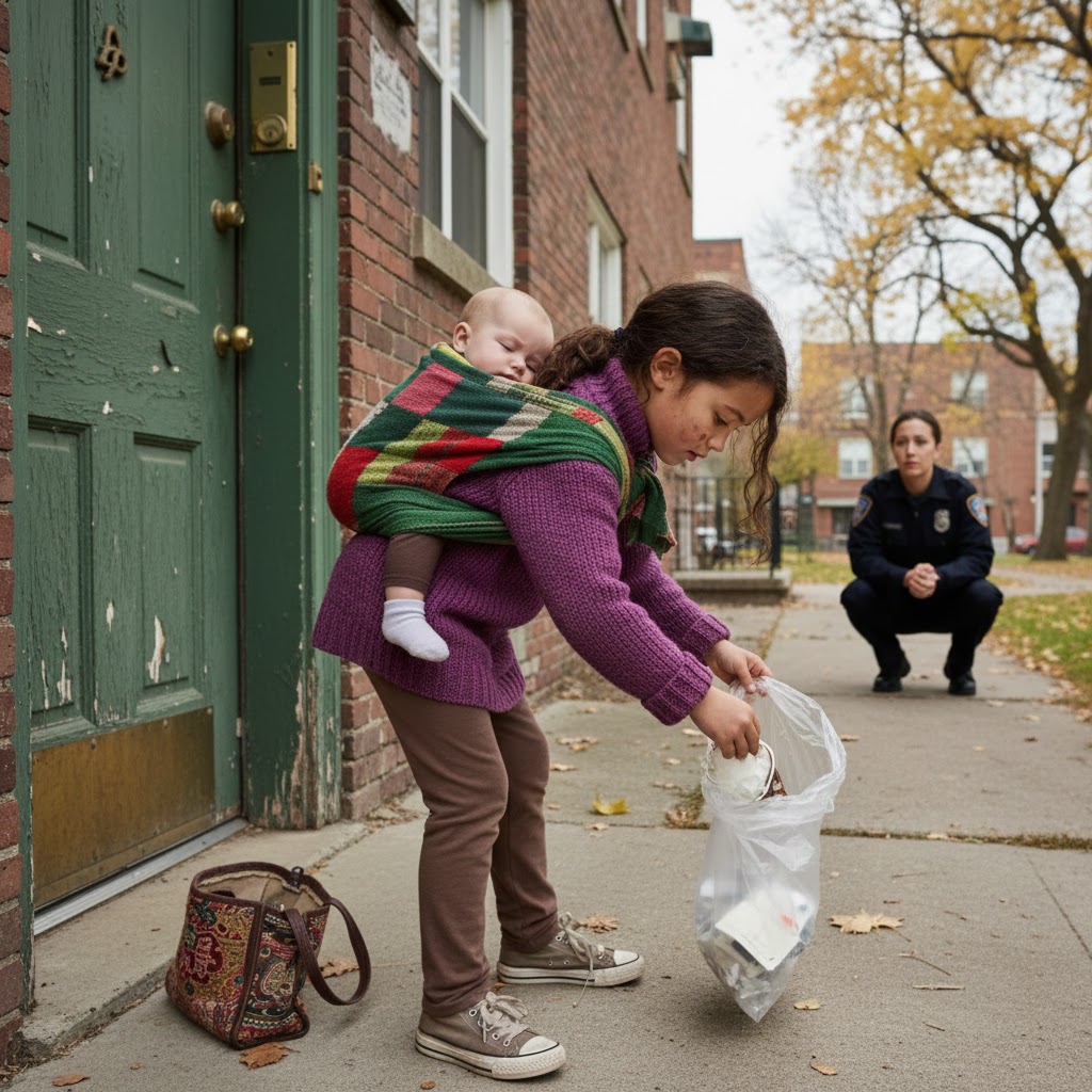 Un agente di polizia pensava di rispondere a una chiamata di routine, finché non ha visto una ragazza senza fissa dimora che frugava nei bidoni della spazzatura, con un neonato in braccio… e ciò che lei sussurrò a bassa voce lo scosse profondamente.