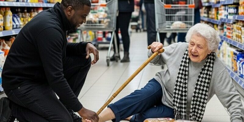 «Non voltarti, aiuto!» Una donna di 90 anni è crollata sul freddo pavimento di piastrelle, cercando disperatamente di uscire dal supermercato. L’intero supermercato le è passato accanto come se nessuno potesse aiutarla, nessuno potesse chiamare un’ambulanza, finché un uomo in nero non si è inginocchiato e ha cambiato tutto.