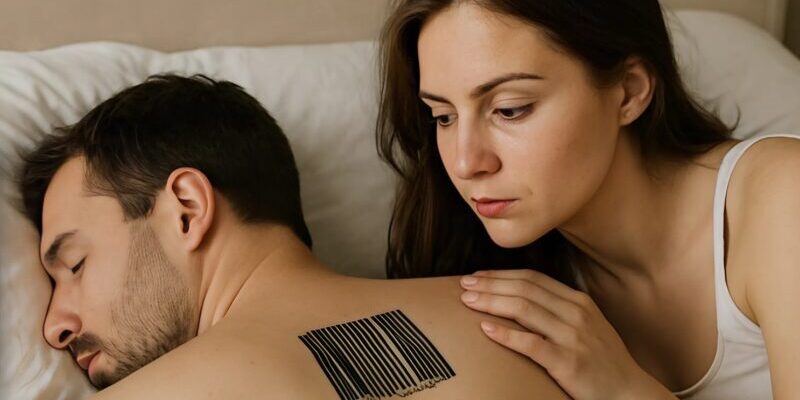 Mentre mio marito dormiva, ho notato uno strano tatuaggio con un codice a barre sulla sua schiena: ho scansionato il codice e sono quasi svenuta.