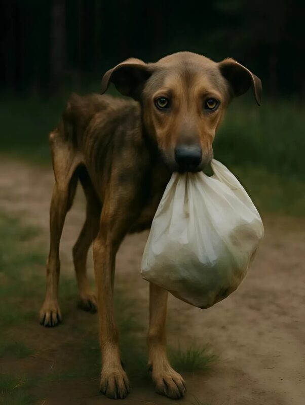 Le persone hanno visto un cane uscito dalla foresta, una borsa di plastica tenuta tra le ammaccature