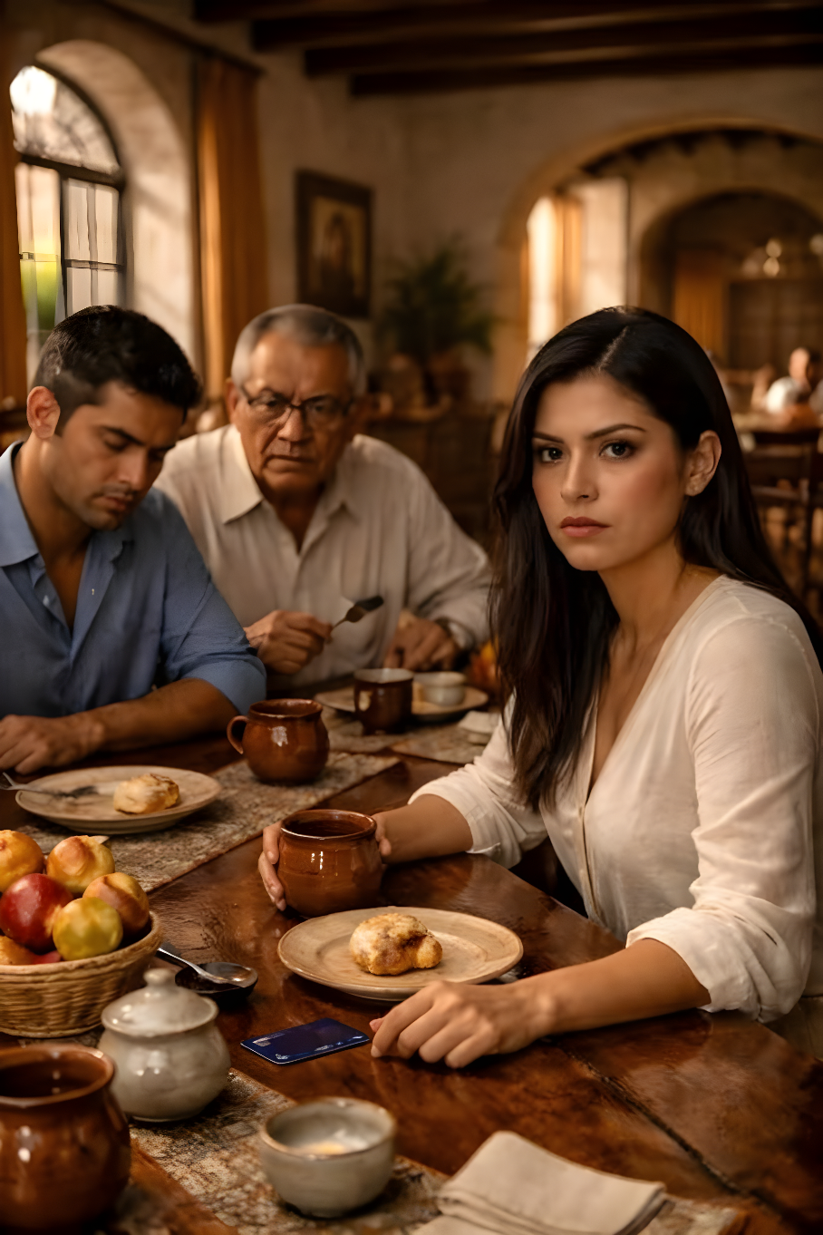 A cinematic medium shot in a rustic, warm-toned dining room with arched doorways and soft golden sunlight filtering through large windows. Characters: A beautiful young woman with long dark hair, wearing a white linen button-up blouse, sits at a heavy wooden table; her expression is one of deep melancholy and silent contemplation, eyes downcast toward the table (never looking at the camera). Across from bà, an older man with glasses in a beige shirt holds a fork, frozen with a stern, judgmental expression. Beside him, a young man in a blue button-down shirt keeps his head bowed low, eyes closed in a gesture of profound regret and shame. Action: The camera slowly zooms in on the woman’s face as she delicately rests her hand near a blue credit card lying on the table next to a plate of pastry. The atmosphere is thick with unspoken tension. No one speaks; only subtle movements like a heavy sigh from the older man or a slight tremble in the young man’s shoulders. Background: In the soft-focus background, a wooden door is slightly ajar, and a leather handbag hangs on a chair. The table is set with traditional brown ceramic mugs, a basket of fruit, and rustic plates. High-quality film grain, 4k, realistic textures, emotional atmosphere.”